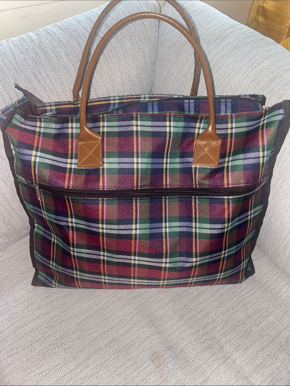 Plaid Zipper top - Tote Bag with Brown fsux Leather Handles- rain resistant